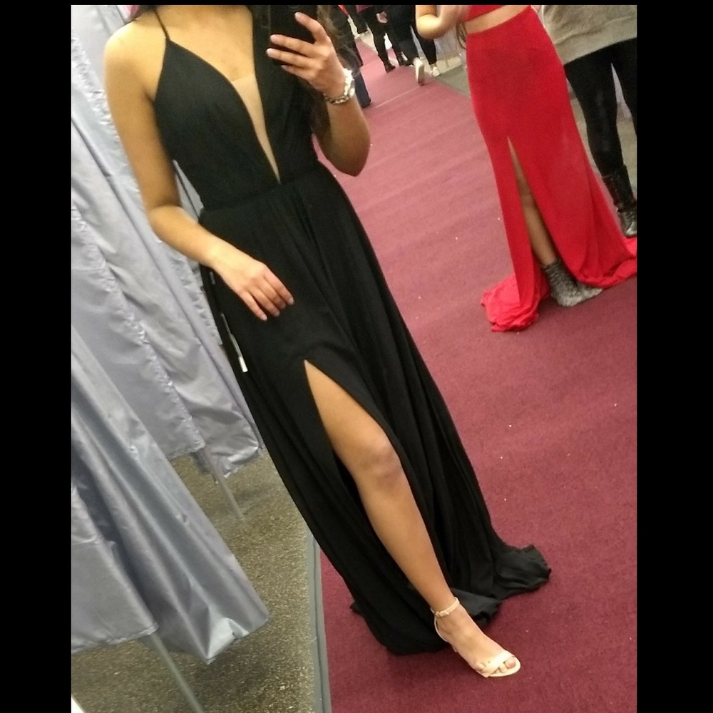 Long high slit black v neck dress